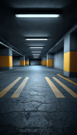 Spacious Underground Parking Lot Featuring Empty Bays and Bright Yellow Striped Safety Markings.の素材