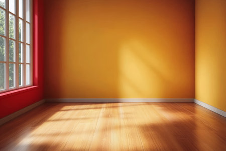 Bright and Inviting Empty Room with Yellow Walls, Red Accent, Sunlit Wooden Floor and Decorの素材