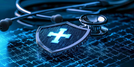 Healthcare Cyber Security Defense Data Protection with Shield and Stethoscope on Circuit Boardの素材