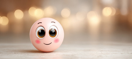 Cute Pink Emoji Cartoon Character with a Happy Expression on a Bright Blurred Backgroundの素材