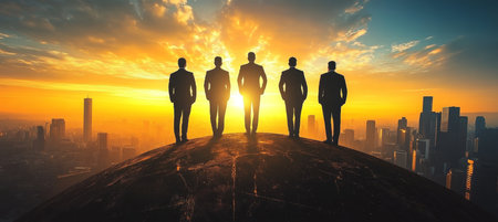 Five executives standing on a mountain summit at sunrise, overlooking a vibrant cityscape below.の素材