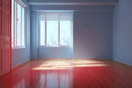 Bright and Serene Interior of an Empty Blue Room with Sunlight, Wooden Floor, and Peaceful Viewの素材