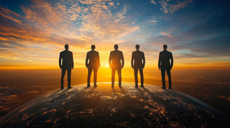 Dynamic Leadership Silhouettes Visionaries Against a Striking Skyline, Inspiring Change and Growthの素材