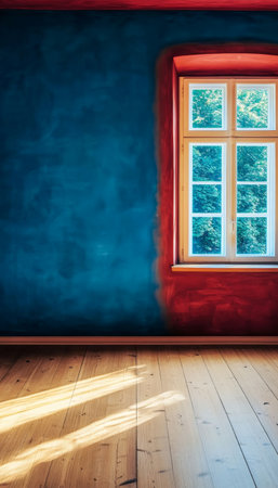 Bright and Vibrant Room Interior Featuring Blue Wall Texture, Red Accents, and Sunlit Wooden Floorの素材