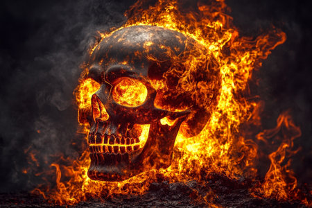 Captivating Burning Skull Art with Vibrant Flames and Ethereal Glow Against a Dark Background Sceneの素材