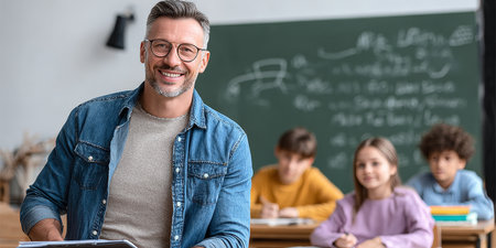 Engaging Classroom Scene with a Handsome Teacher and Eager Students Learning at Chalkboardの素材