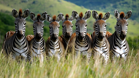 A stunning herd of zebras stands in the savanna, showcasing their beautiful black and white stripes.の素材