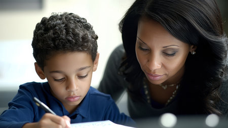 Focused student concentrates with tutor nearby to improve handwriting skills at the study table.の素材