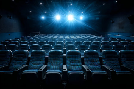 Calm and Empty Blue Cinema Theater with Dramatic Lighting on Seats and Spacious Auditorium Viewの素材