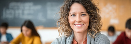 Cheerful female teacher smiling at camera in relaxed classroom, inspiring students to learn.の素材