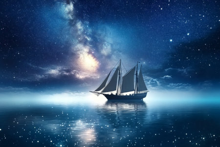 Serene Night Voyage Silhouette of a Ship Floating on Tranquil Water Under a Starry Night Skyの素材