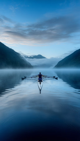 Early morning serenity at the misty lake as dedicated rowers glide through calm waters in harmonyの素材