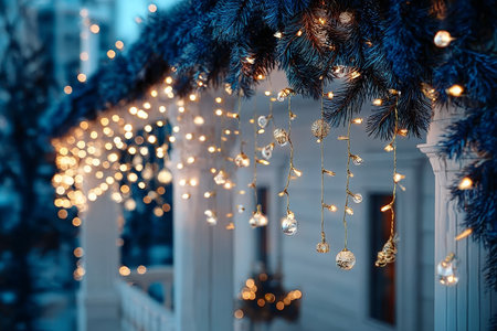Beautifully Decorated Christmas Entrance with Evergreen Garland and Twinkling Holiday Lightsの素材
