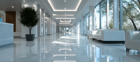 Contemporary Hospital Corridor with Bright Lighting, Spacious Design, and Inviting Waiting Areaの素材