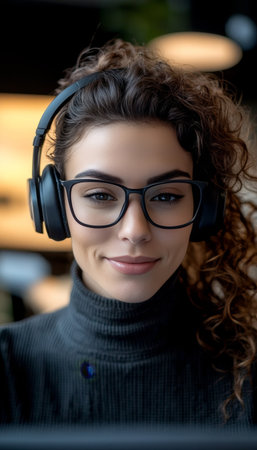 Dedicated Young Woman Working from Home, Wearing Headset, Engaged in Professional Tasks by Windowの素材