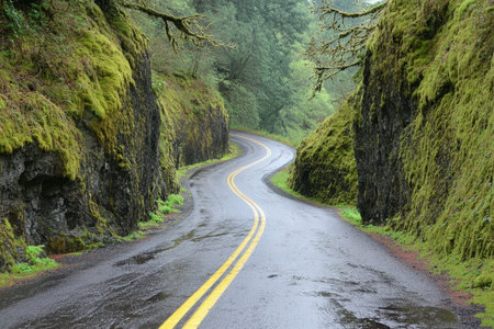 Scenic Drive Through Lush Forest with Mossy Cliffs and Wet Road Curving Ahead in Nature s Beautyの素材