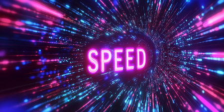 Vibrant Glowing Optical Fiber Network Transmission Concept with Neon Speedometer Backgroundの素材