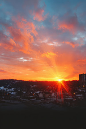Stunning sunrise over a quaint town, golden rays illuminating the sky with fiery clouds and beauty.の素材