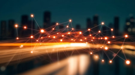 Futuristic cityscape at dusk with glowing data connections and vibrant urban innovation.の素材