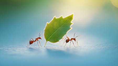 Incredible Teamwork and Collaboration in Nature Ants Working Together to Carry a Large Green Leafの素材