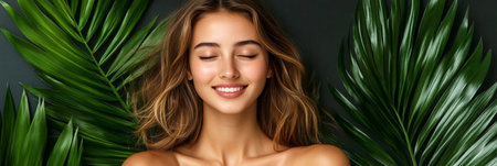 Beautiful Young Woman Smiling Joyfully Amidst Lush Tropical Greenery, Radiating Confidence and Joyの素材