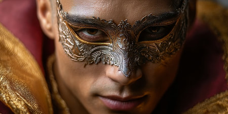 Enigmatic Masked Performer in Colorful Plumage Captivates during Magical Venice Carnival Celebrationの素材