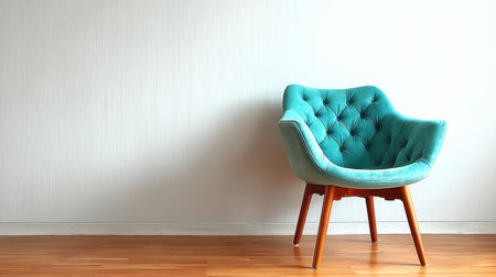 Elegant Turquoise Tufted Chair in Modern Minimalist Room with White Textured Wall and Wood Floorの素材