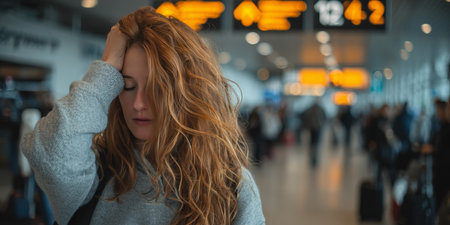 Exhausted Traveler Stands Anxiously in Busy Airport Due to Flight Connection Troubles and Delaysの素材