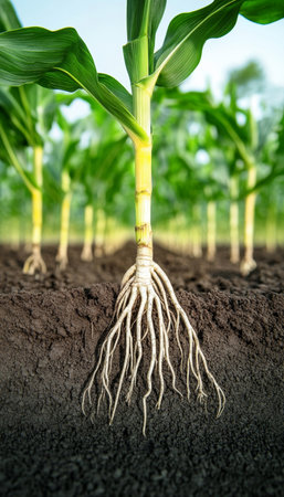 Close-up of Green Corn Plants in Field, Highlighting Roots Underground for Agricultural Growthの素材
