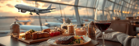 Elegant Airport Lounge Dining Experience Featuring Gourmet Meals, Fine Wine, and Scenic Plane Viewsの素材