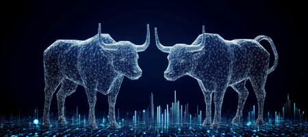 Geometric Bull Illustration Analyzing Bullish Market Trends on a Tech-Inspired Blue Backgroundの素材