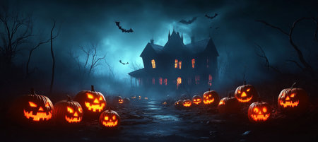 Eerie Halloween Night with Glowing Pumpkins and a Mysterious Haunted House in the Backgroundの素材