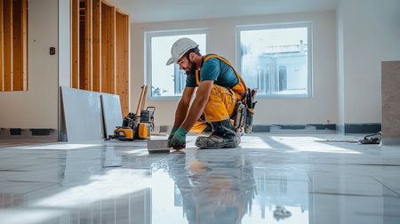 Expert Construction Worker Skillfully Installing Elegant Tiles in Modern Home for Lasting Beautyの素材