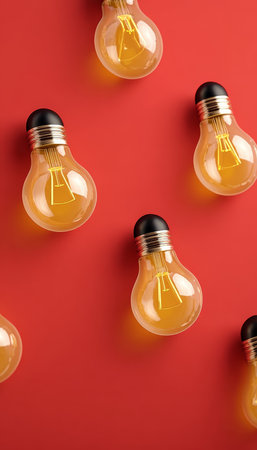 Vintage Inspired Filament Bulbs with Warm Glow Pattern on Bright Red Background for Creative Ideasの素材