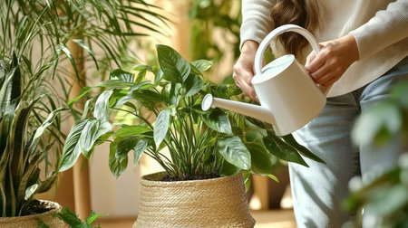 Woman Joyfully Waters Her Lush Green Indoor Plants with a White Watering Can in Elegant Potの素材