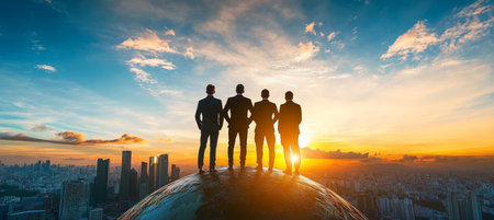 Men in Suits Overlooking a City at Sunset, Representing Global Corporate Strategy and Ambitionの素材