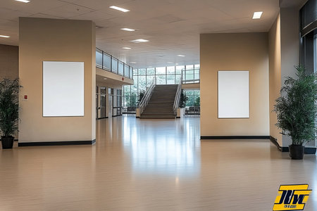 Bright and Modern Interior of a School with White Posters on Concrete Walls and Visible Stairsの素材