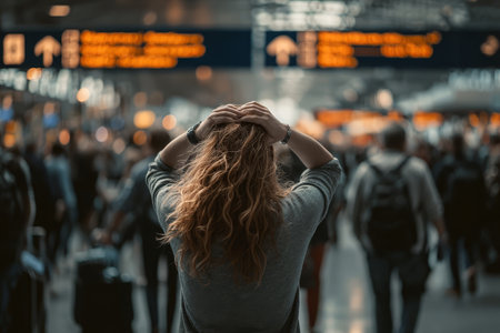Frustrated Woman Navigating Overcrowded Airport Surrounded by Confused Passengers and Delaysの素材