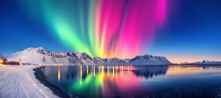 Stunning Aurora Borealis Illuminates Majestic Frozen Landscape in Cold Arctic Wilderness at Nightの素材