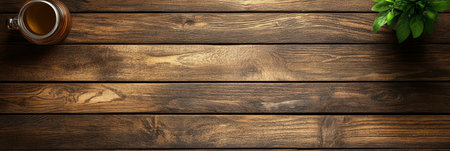 Top View of a Rustic Wooden Plank Surface with a Coffee Cup and Green Plant on Dark Brown Tableの素材