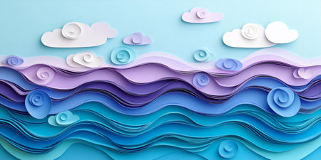 Abstract Paper Ocean Waves, Blue And Mint Tones, 3D Illustration. Layered Design, Soft Background.の素材