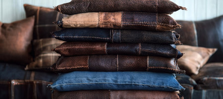 Stack of Textured Patchwork Pillows. Rustic Decor and Comfortable Living with Recycled Materials.の素材