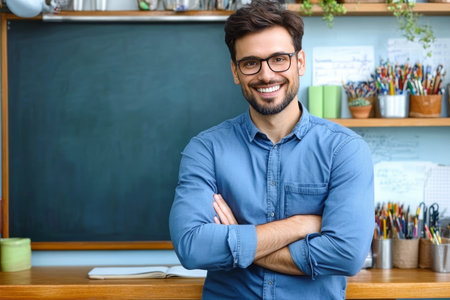 Enthusiastic male educator smiles confidently in classroom, inspiring young scholars with learningの素材