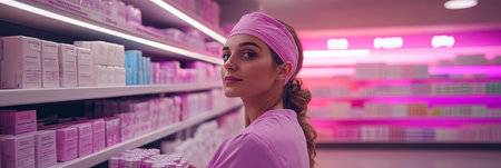 Thoughtful doctor carefully selecting medication from a neatly arranged shelf in a hospital room.の素材