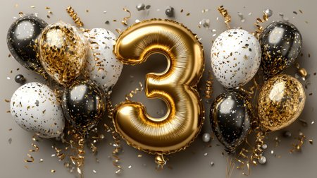 Joyful Third Birthday Celebration with Golden Balloon, Colorful Decorations, and Fun Confettiの素材