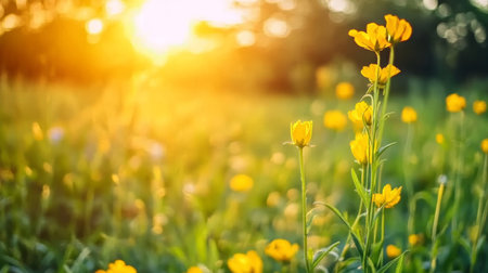 Beautiful sunset over a serene meadow filled with vibrant yellow blossoms and gentle sunlight glowの素材