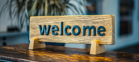 A Welcoming Wooden Sign at a Corporate Reception Desk, Enhancing Atmosphere and Inviting Guestsの素材