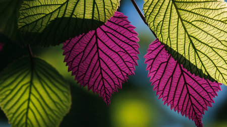 Intricate Veins Illuminate Colorful Foliage in Nature s Tapestry, Showcasing Vibrant Spring Leavesの素材