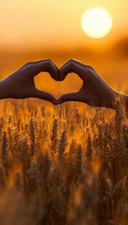 Heart-shaped hands silhouette in a golden wheat field at sunset, symbolizing love and peace.の素材