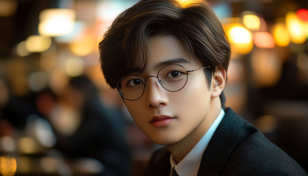 Stylish Young Professional with Glasses in Modern Office Setting, Exuding Confidence and Styleの素材